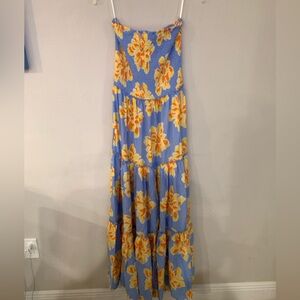 Blue Floral Strapless Maxi Dress with Yellow Blooms